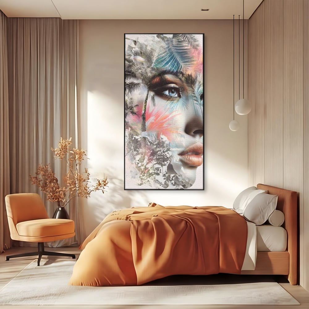 Tablou canvas cu tablou canvas cu portret feminin si palmieri, in rama de aluminiu negru, pe perete intr-un dormitor